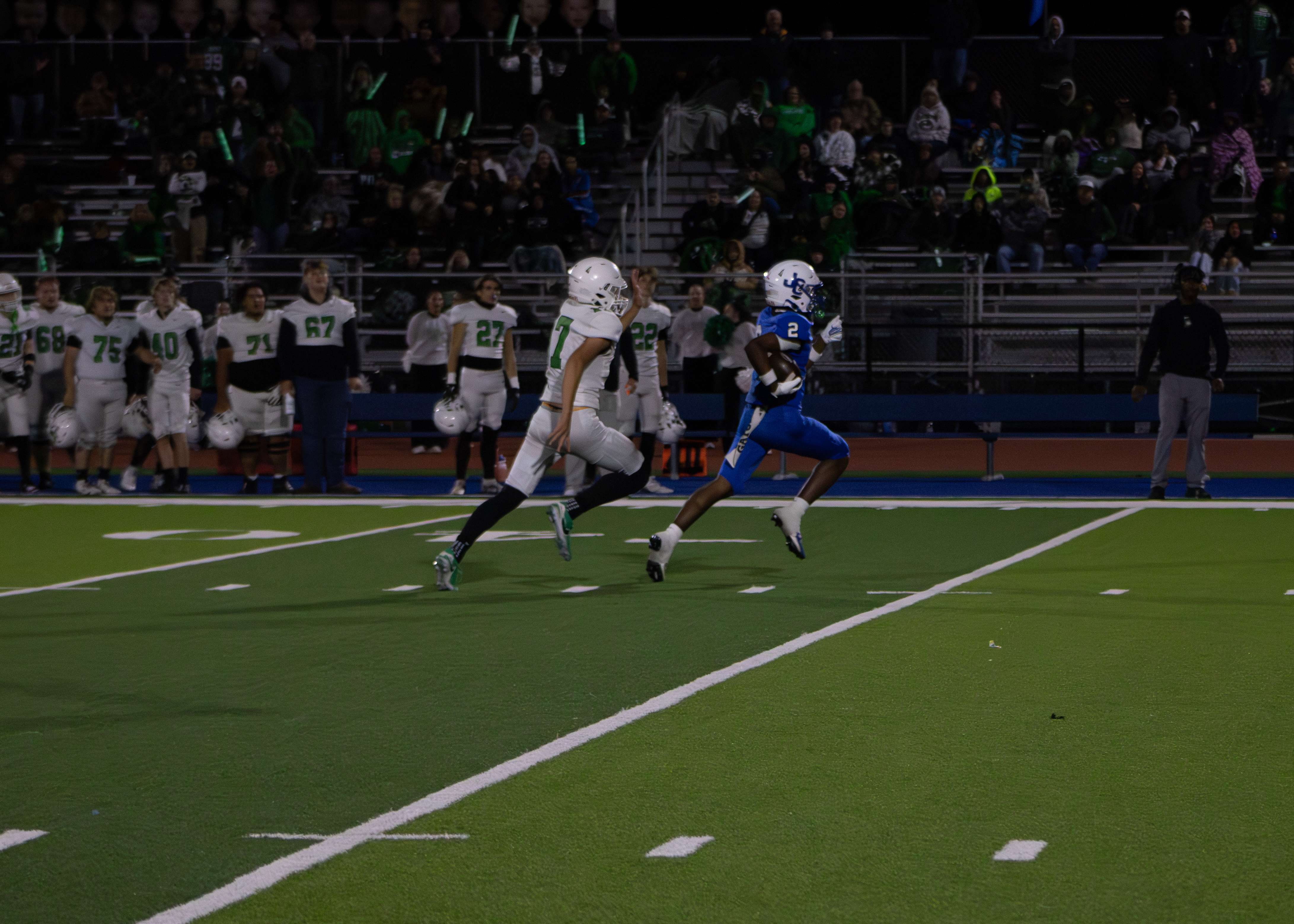 Lovell Autry outruns the entire Derby kickoff team on his 98-yard Kickoff return for a touchdown in the second half of Friday's Second Round Playoff Game.