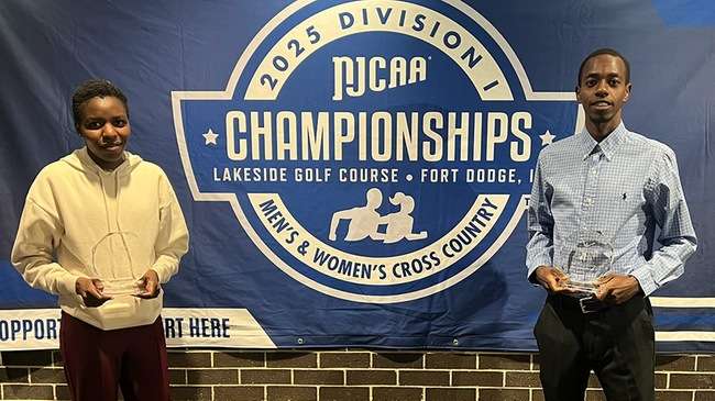 Blue Dragon sophomore Cornelius Kogo (right) and Mildred Rono (left) were named USTFCCCA Central District Runners of the Year on Friday at the NJCAA Cross Country Championships in Fort Dodge Iowa.