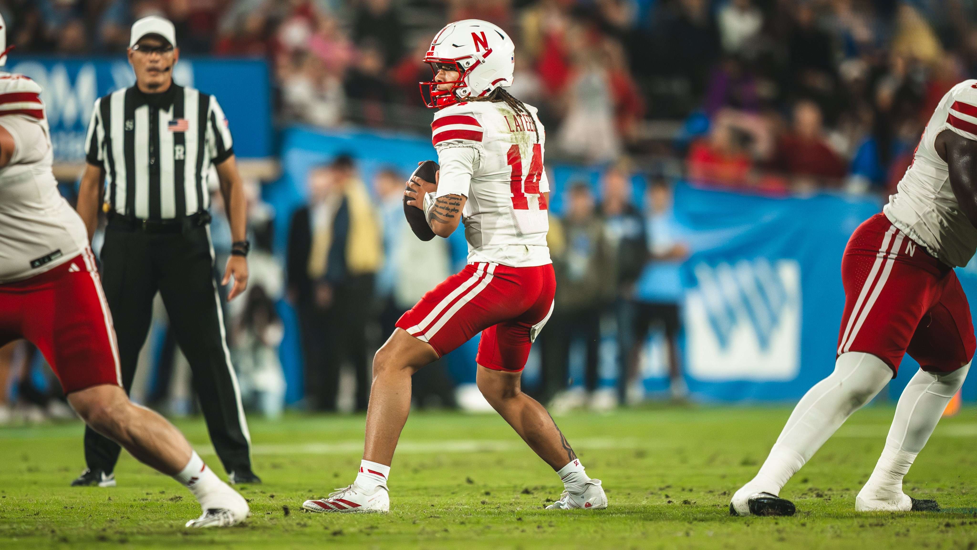 Freshman quarterback T.J Lateef was impressive in his debut, leading Nebraska to a 28-21 victory over UCLA on Saturday/ Photo courtesy of Nebraska Football on X