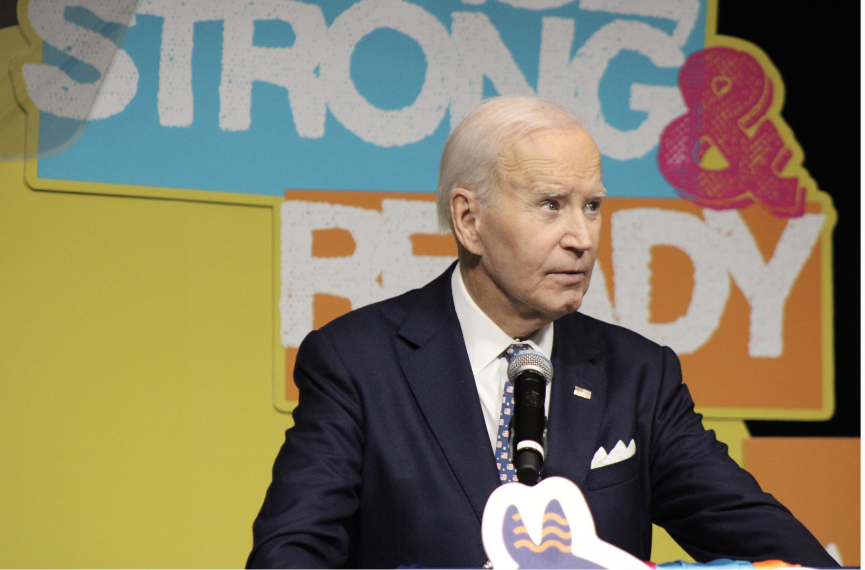 Former President Joe Biden speaks at a Nebraska Democratic Party gathering at the Omaha Hilton on Nov. 8, 2025. (Juan Salinas II/Nebraska Examiner)