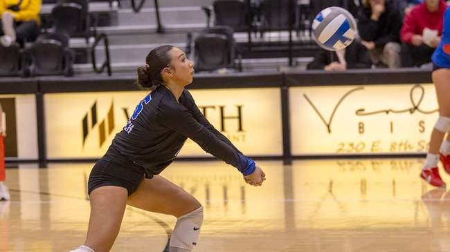 With 22 digs in the Region 6 Tournament semifinal against Colby on Saturday in Hays, Blue Dragon freshman libero Clara Oliveira set a Blue Dragon freshman record for digs and is second in overall single-season digs with 643. (Sydney Holzrichter/Blue Dragon Sports Information)
