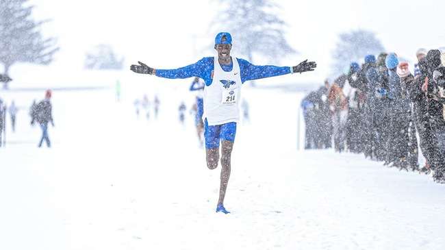 Blue Dragon sophomore Cornelius Kogo wins the 2025 NJCAA Division I cross country individual national championship on Saturday in Fort Dodge, Iowa and leading the Blue Dragon men to a national runner-up finish. (Photo by Ed Bailey)