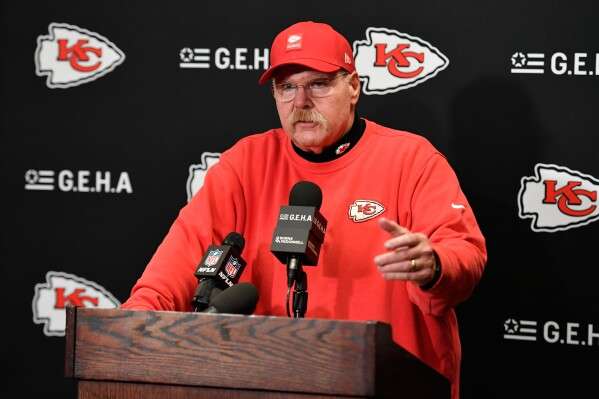 Kansas City Chiefs head coach Andy Reid speaks during a news conference following an NFL football game against the Buffalo Bills Sunday, Nov. 2, 2025, in Orchard Park. N.Y. (AP Photo/Adrian Kraus)