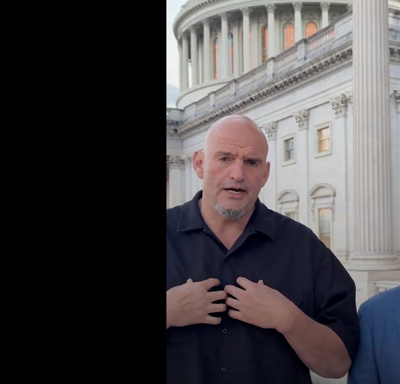 Senator John Fetterman outside the U.S. Capitol this week during the debate on a bill to reopen the government-image video released by Fetterman's office