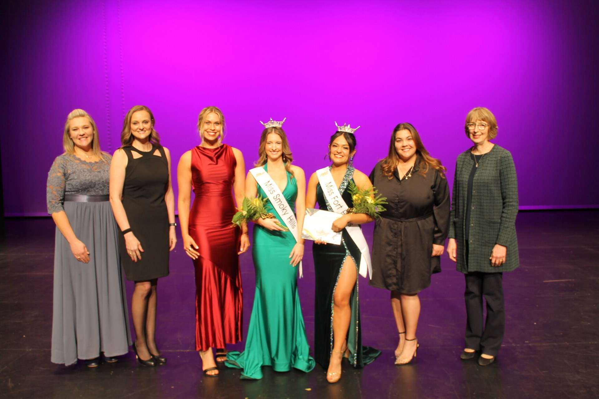 Judges with Alyna Chavez, Miss Fort Hays winner, and Morgan Allen, Miss Smoky Hills winner. Courtesy photo