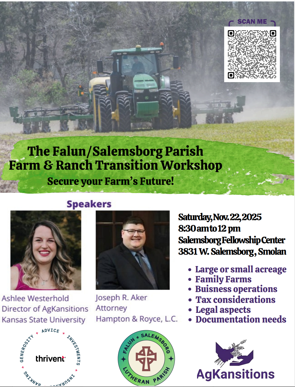 Farm & Ranch transition workshop offering valuable guidance to occur in Smolan <b>Saturday</b>, <b>November 22, from 8:30 a.m. </b>to<b> 12 p.m. </b>at<b> </b><b>Salemsborg Fellowship Center located at 3831 W. Salemsborg, Smolan. </b>Courtesy image