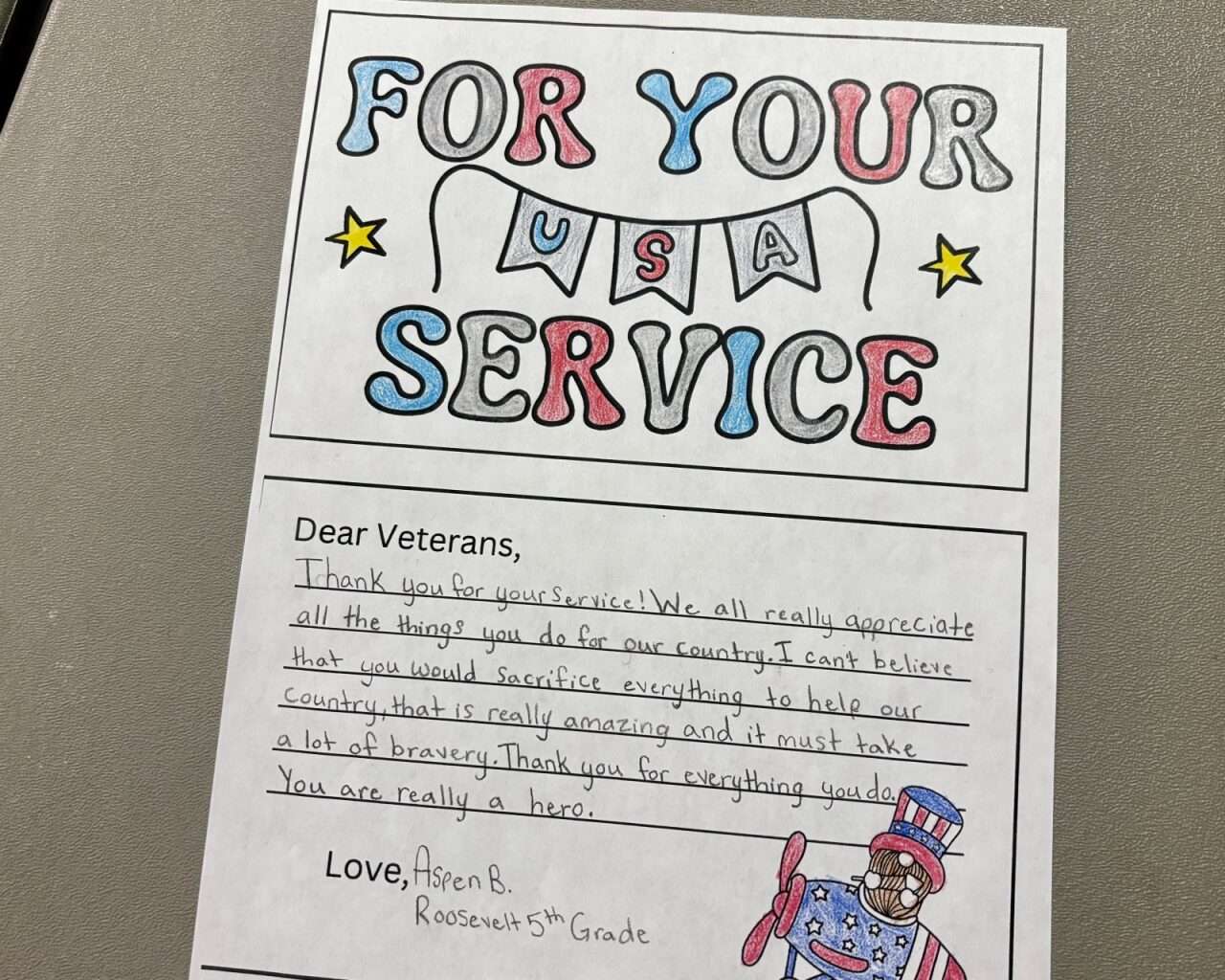 A thank you letter from a Roosevelt Elementary fifth grader at the Hays VFW Veterans Day ceremony. Photo by Tony Guerrero/Hays Post