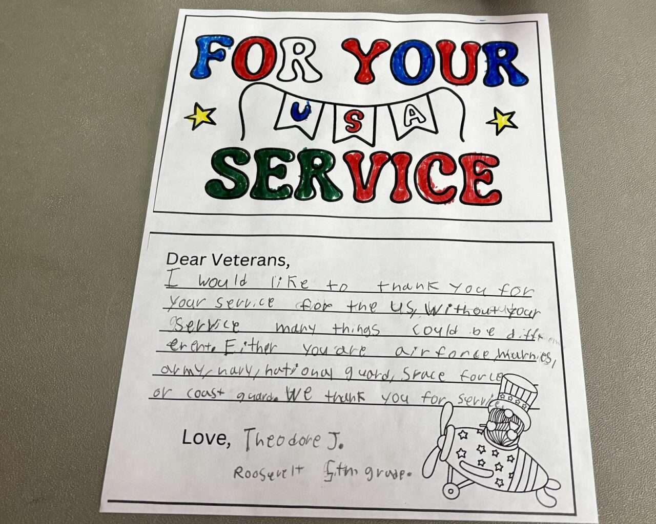 A thank you letter from a Roosevelt Elementary fifth grader at the Hays VFW Veterans Day ceremony. Photo by Tony Guerrero/Hays Post