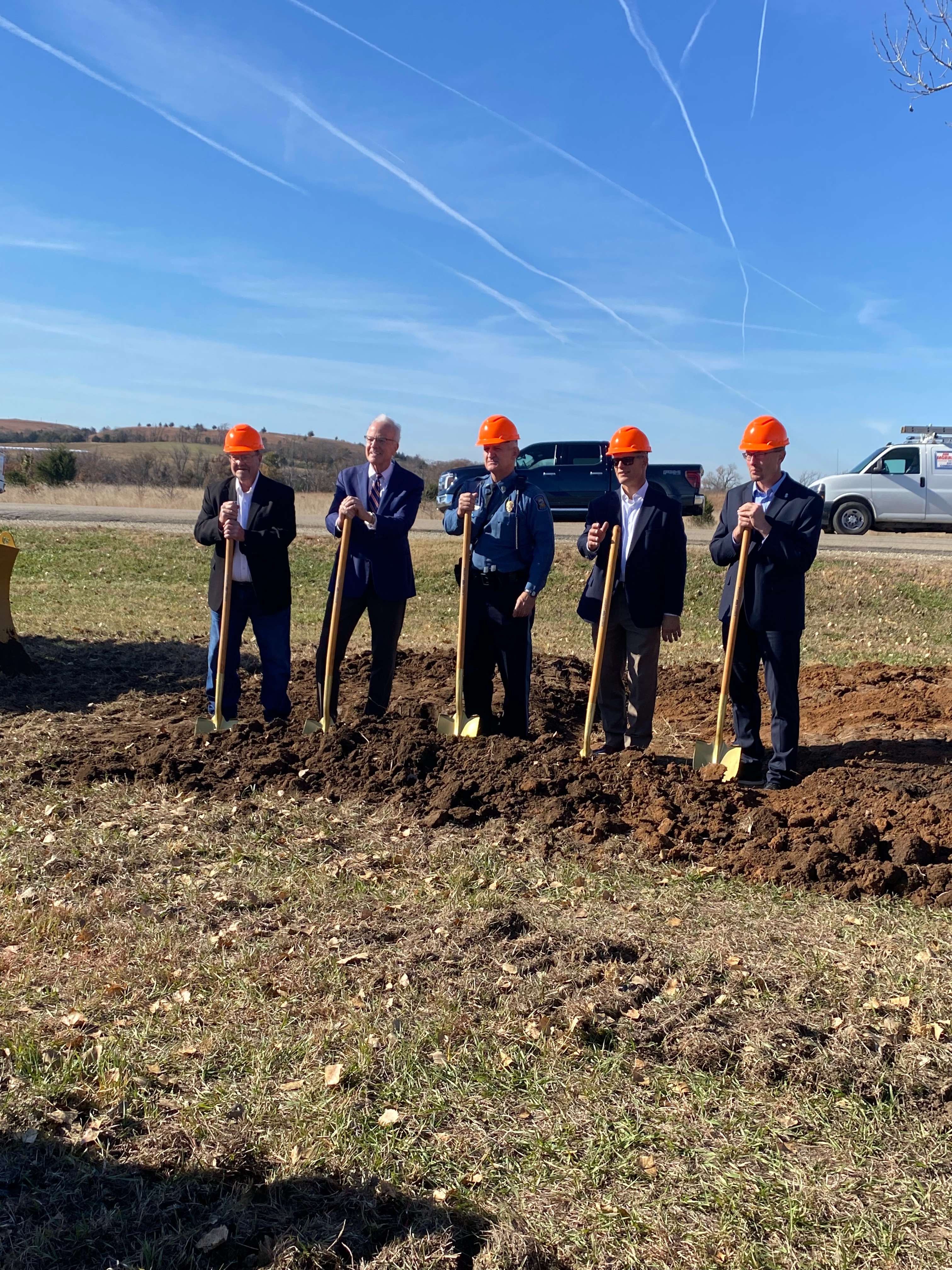 Ground breaking Ceremony - (Pictured on the left)- Geary County Commission Chairman Keith Ascher, and Kansas U.S. Senator Jerry Moran. (on right, Kansas Highway Patrol Lt. Scott Proffitt, and KDOT officials).