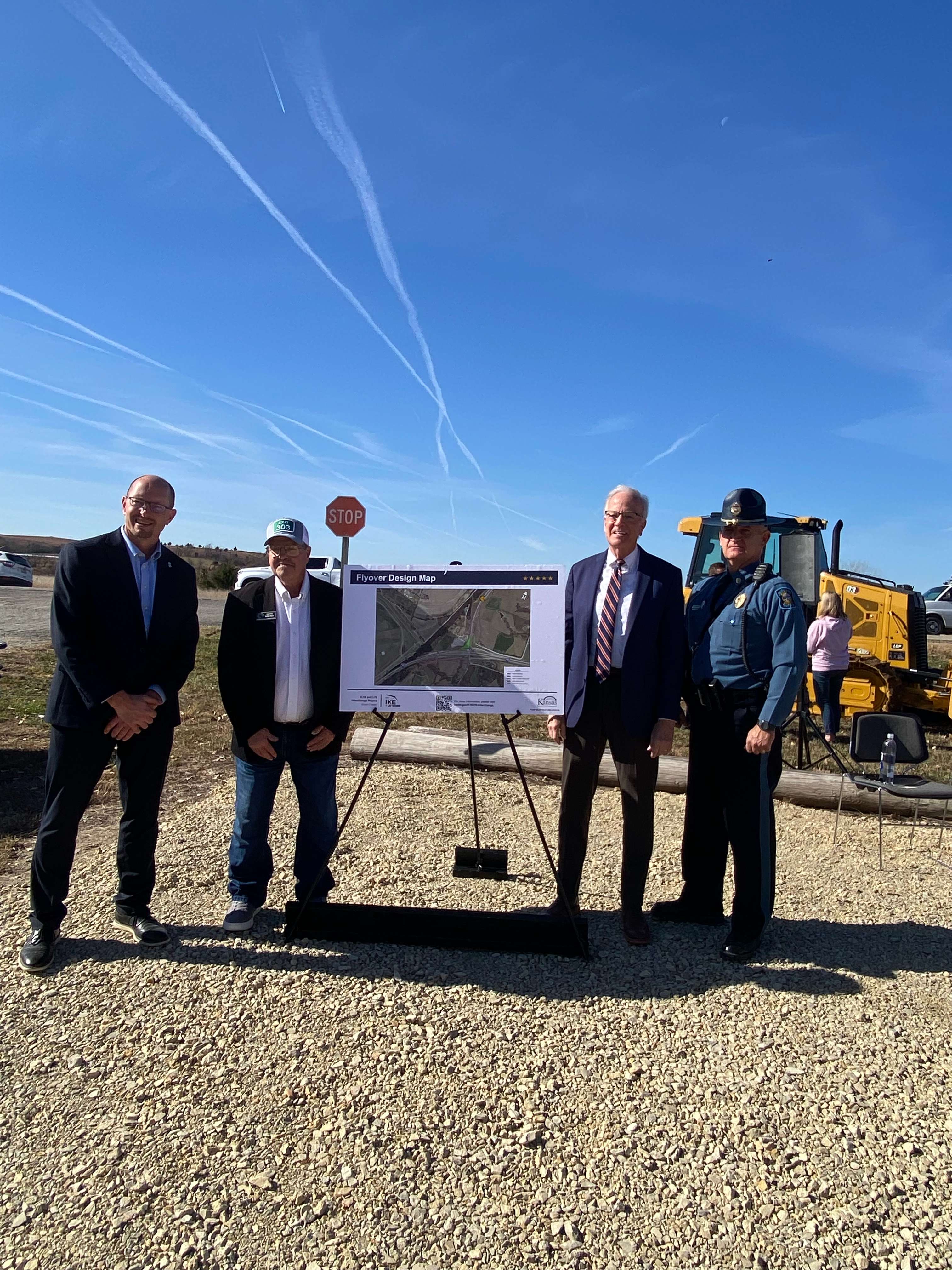 Pictured from left to right, KDOT Secretary Calvin Reed, Geary County Commission Chairman Keith Ascher, Kansas U.S. Senator Jerry Moran, and Kansas Highway Patrol Lt. Scott Proffitt. 
