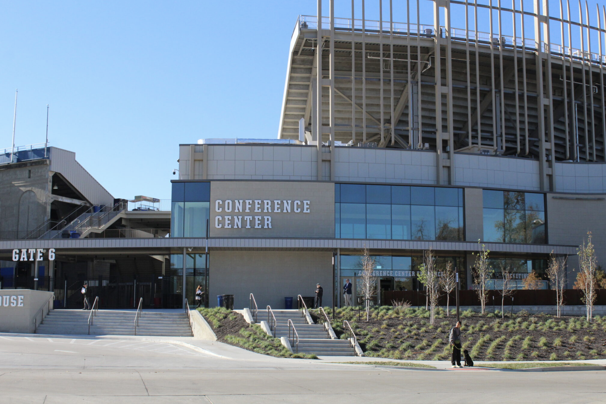 The University of Kansas Conference Center, which is adjoined to the David Booth Kansas Memorial Stadium, opens in Lawrence, Kansas on Nov. 12, 2025. It is part of the Gateway District project’s renovations of the northern entrance to campus, which are expected to finish in 2030. (Photo by Anna Kaminski/Kansas Reflector)