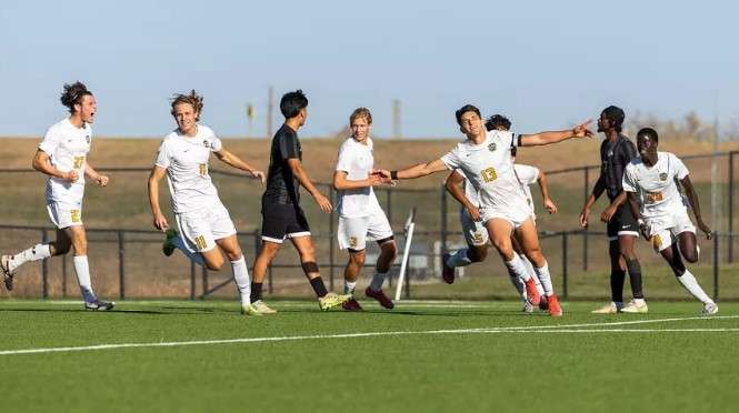 Fort Hays State forward Elias Ovelar Semeniuk celebrates after scoring a goal in the first half of the Tigers GAC/MIAA Tournament semifinal match vs. Northeastern State on Thursday, November 13, 2025 in Hays, Kan. (FHSU Athletics photo/Jordyn Bredenberg)