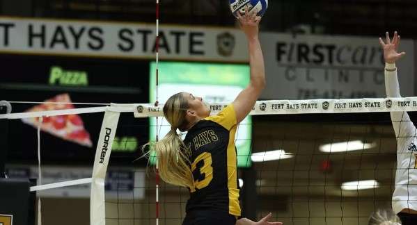 Fort Hays State's Grace Schmedding (13) returns a shot in an MIAA volleyball match against No. 16 Missouri Western on Thursday, November 13, 2025 in Hays, Kan. (FHSU Athletics photo/Parker Nisbeth)