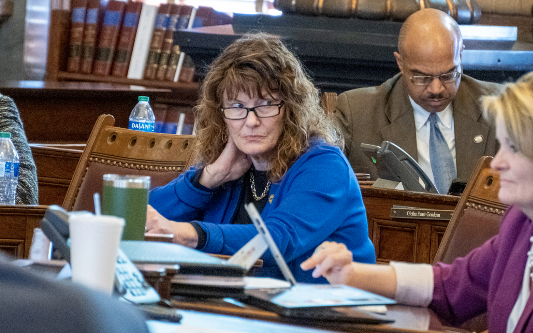  Sen. Mary Ware, seen during an April 6, 2023, hearing in Topeka, Kansas, announced her retirement Thursday from the state Senate, effective immediately. The Wichita Democrat departs in the middle of her term. (Photo by Sherman Smith/Kansas Reflector)