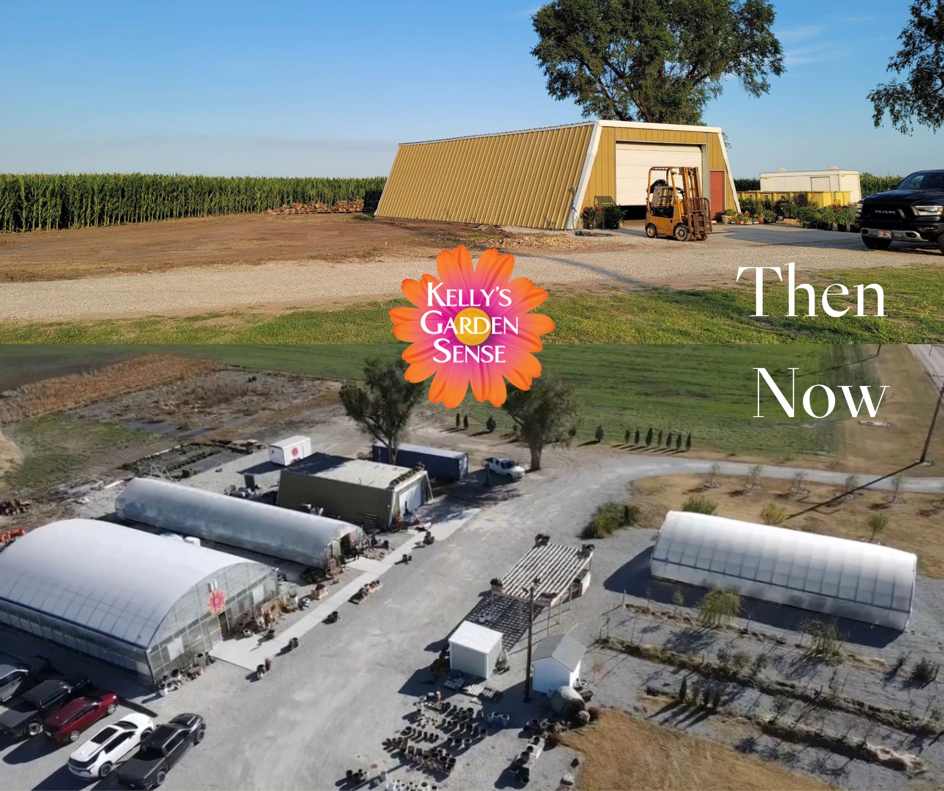 Then and now — what began as a family farm shed and cornfield has grown into a retail greenhouse (or rather, three!) and full-service landscaping company blooming with possibility. 