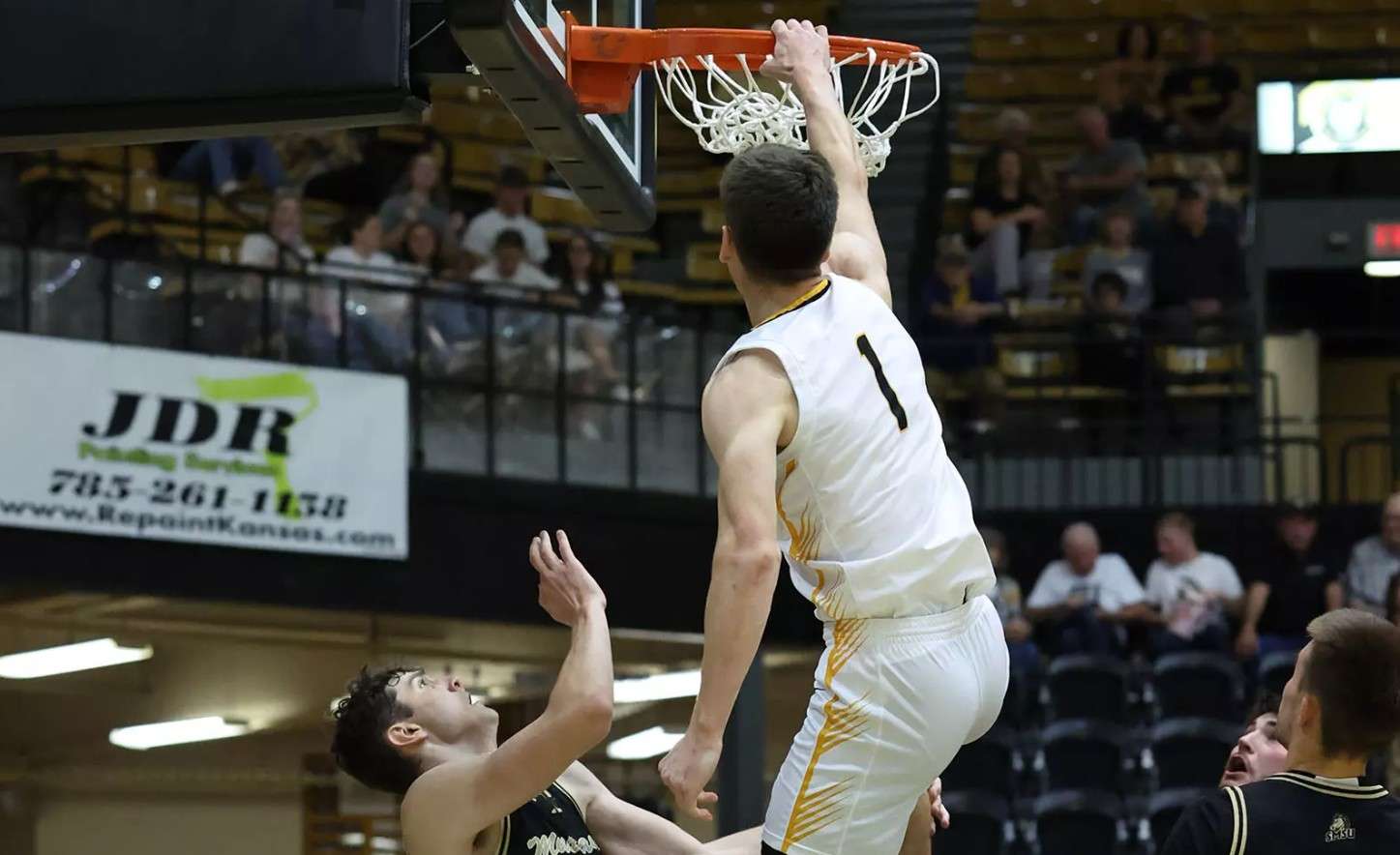 Fort Hays State's Kyle Grill (1) throws down a dunk against #9 Southwest Minnesota State on Saturday, November 15, 2025 in Hays, Kan. (FHSU Athletics photo/Parker Nisbeth)