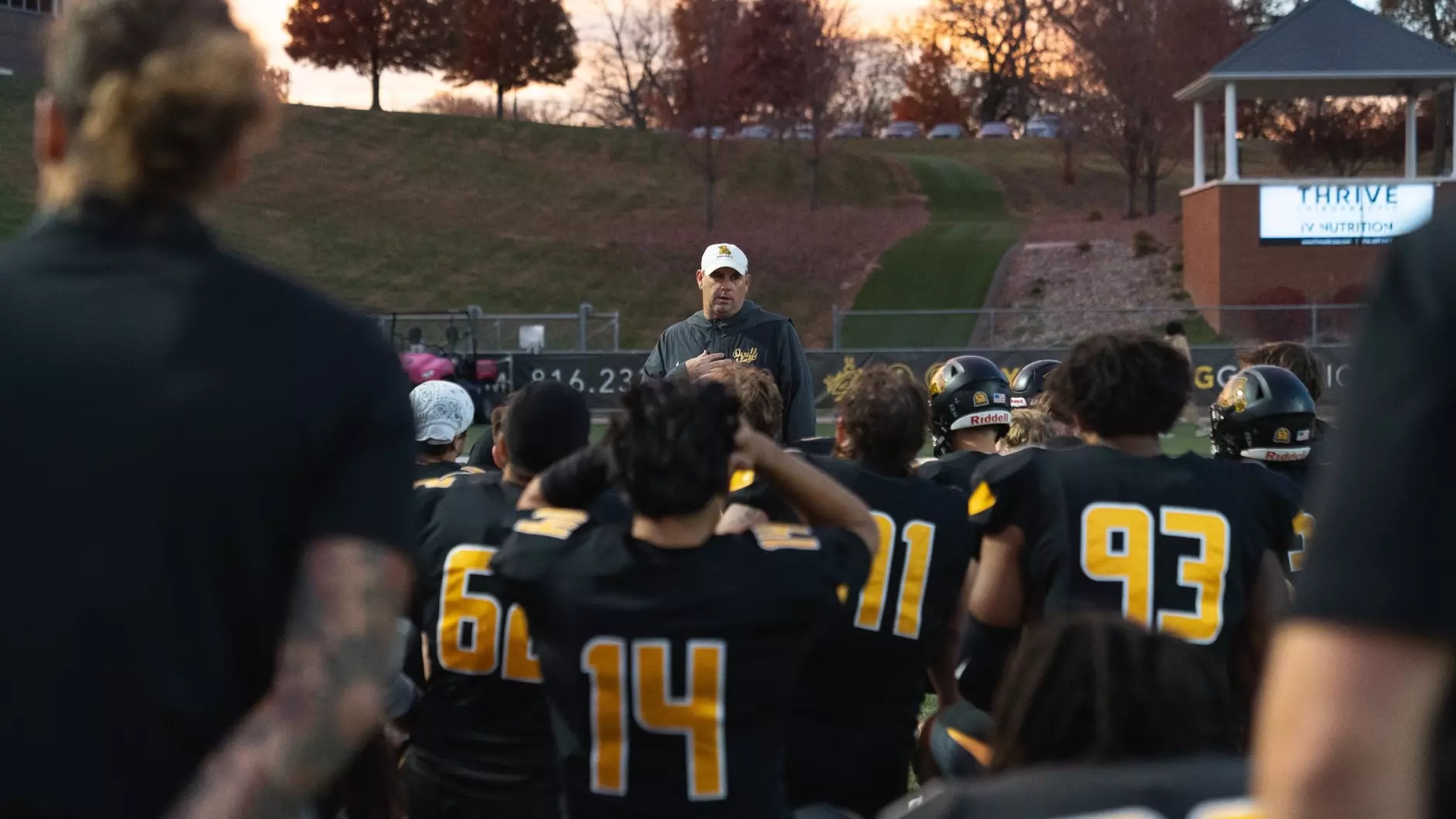 Head coach Tyler Fenwick addresses the team after a tough season ended with a 50-14 loss to Central Oklahoma on Saturday/ Photo courtesy of RJ Baig-MoWest Athletics