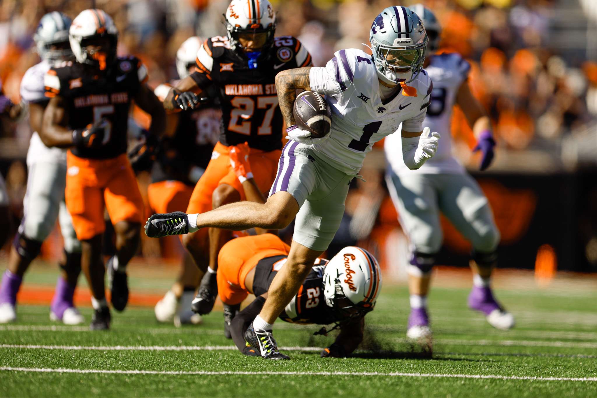 Jayce Brown caught a 34 yard touchdown pass that gave Kansas State the only lead they needed on way to a 14-6 win over Oklahoma State/ Photo courtesy of K State Football on X