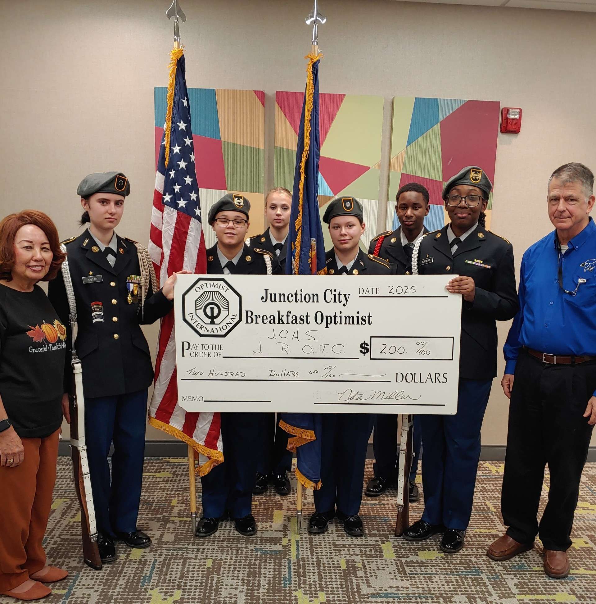 <i>Pictured left to right, front row are Nita Miller, JC Breakfast Optimist Club President; Lauren Lucas, Madison Cross-Glass, Lexi Torres, Chideraa Igbokwe and LTC Richard Hodgson. Left to right, back row:: Zaley Rock and Christopher Karis.</i>