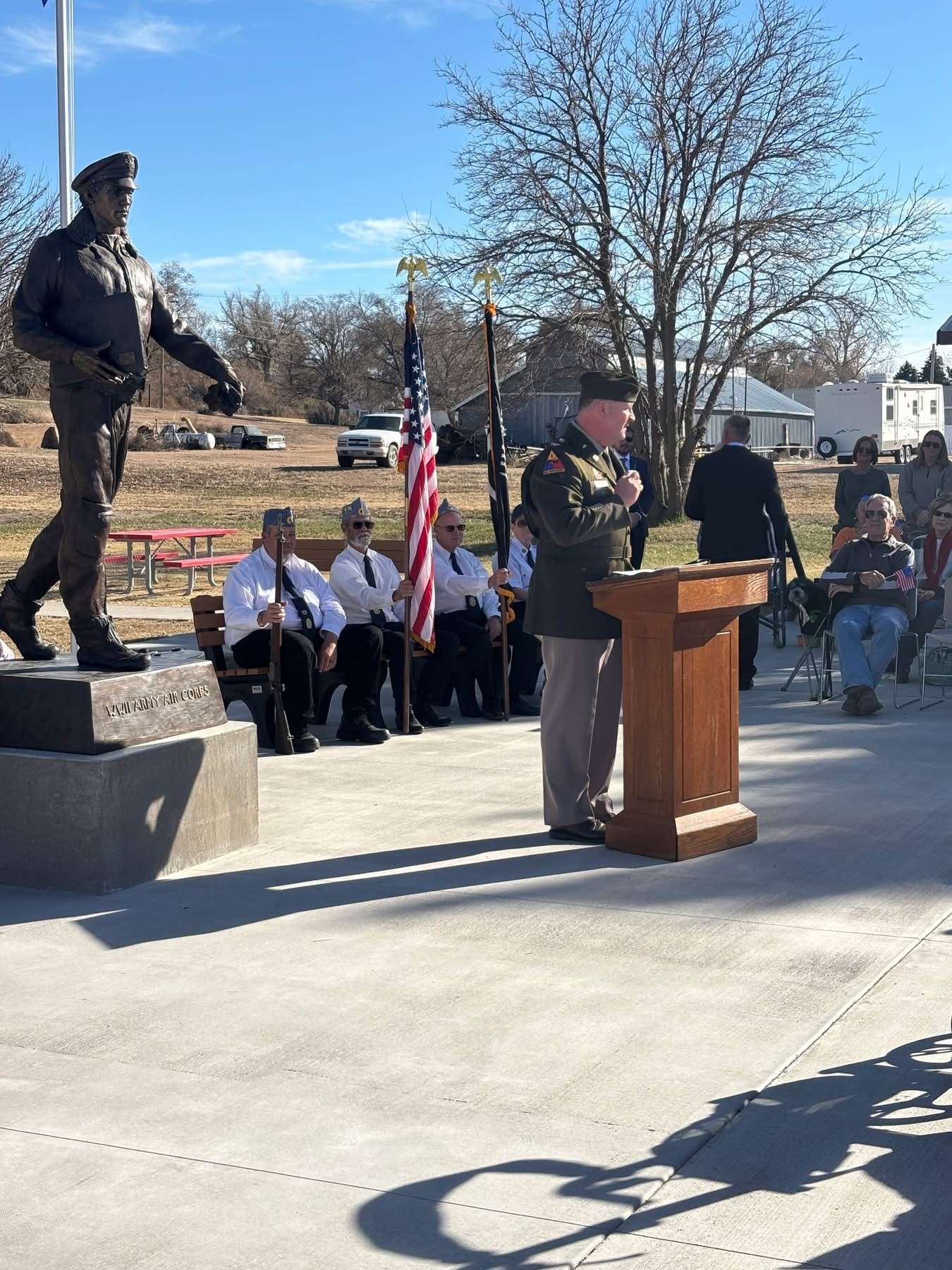 Colonel Dallas McMullen, 69th Brigade commander, speaks at the dedication of the&nbsp;Morland Veteran’s Memorial. Courtesy photo