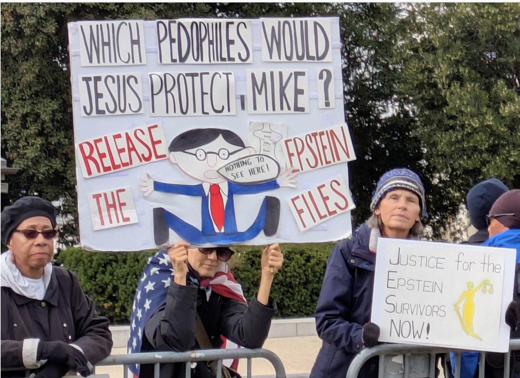 Robin Galbraith, 61, of Maryland, and Donna Powell, 67, of Washington, D.C., held signs outside the U.S. Capitol on Tuesday, Nov. 18, 2025, ahead of a U.S. House vote on releasing the Epstein files. (Photo by Ashley Murray/States Newsroom)