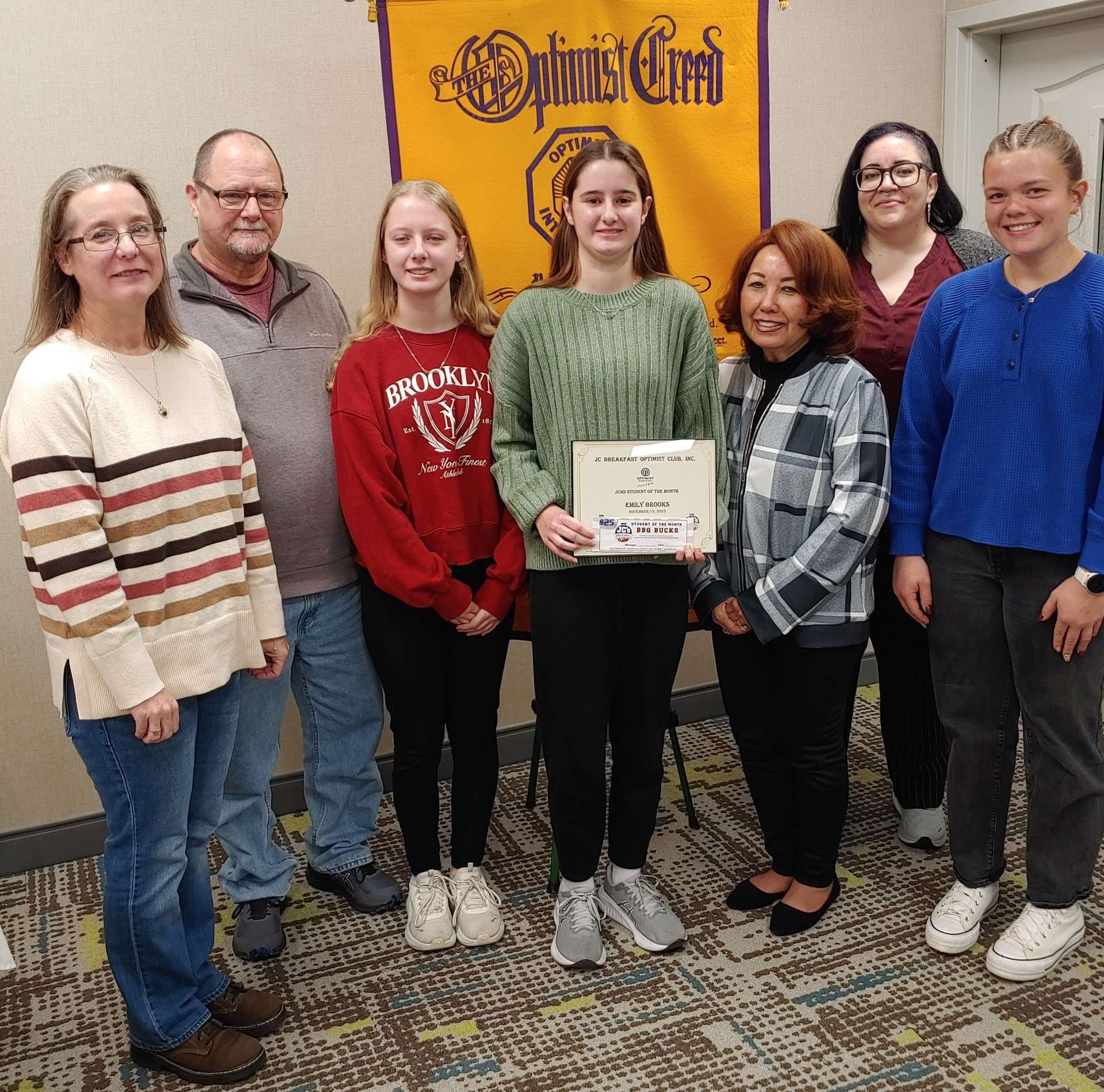 Pictured left to right are Crystal Brooks and Robert Brooks, parents of twin sisters, Stephanie and Emily Brooks; Nita Miller, JC Breakfast Optimist Club President; Adrienne Nelson and Morgan Nabus, Junction City High School Junior Optimist Club President.&nbsp; &nbsp;