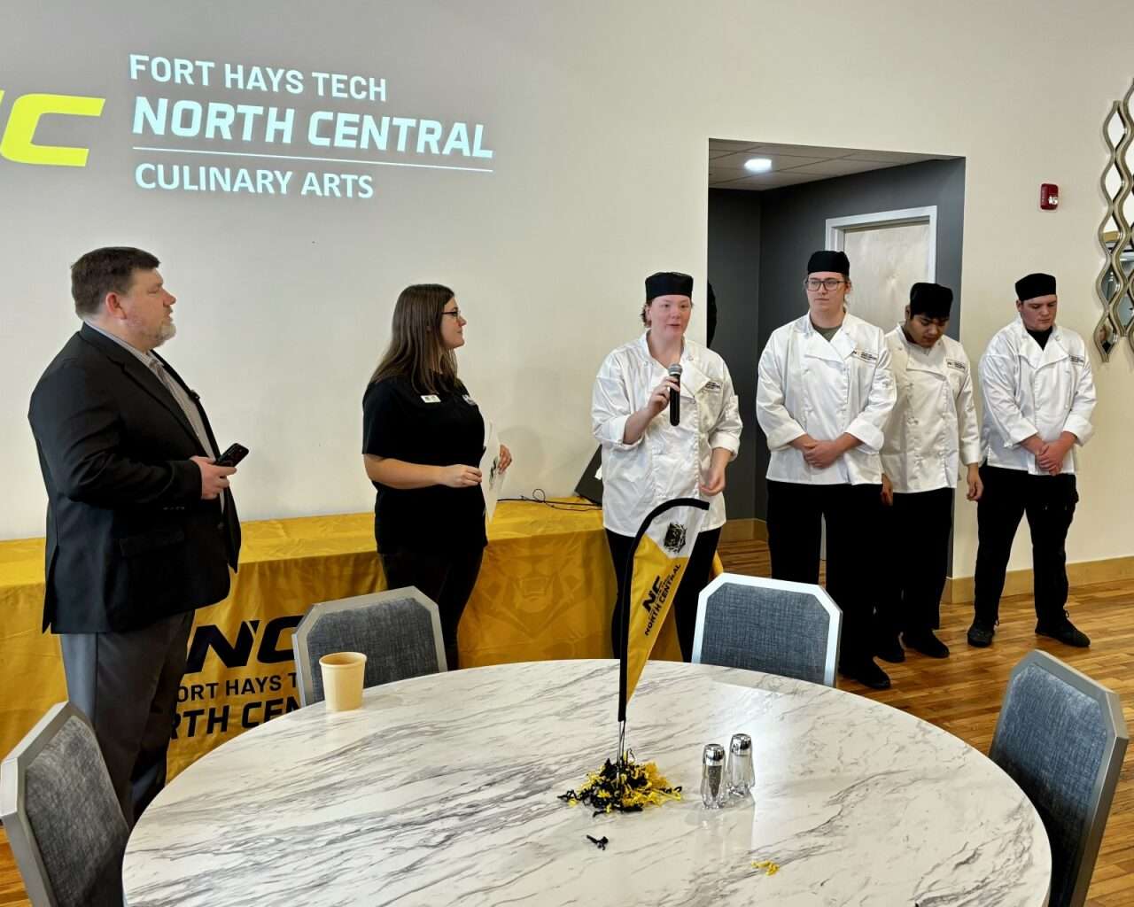 A culinary arts student sharing her goals at the ribbon-cutting ceremony at Lb. Event Center & Catering. Photo by Tony Guerrero/Hays Post