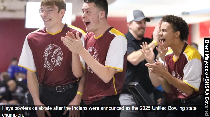 Hays bowlers celebrate after the Indians were announced as the 2025 Unified Bowling state champion. (Brent Maycock/KSHSAA Covered)