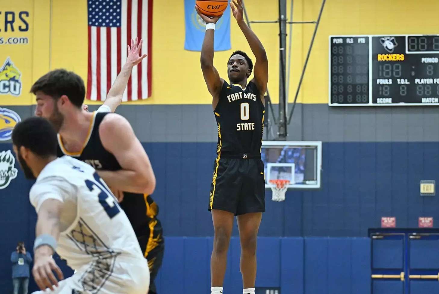 Fort Hays State's Dan Makuna (0) attempts a shot in the first half against South Dakota Mines on Wednesday, November 19, 2025 in Rapid City, S.D. (FHSU Athletics photo/Luke Kotchser/SDSMT)