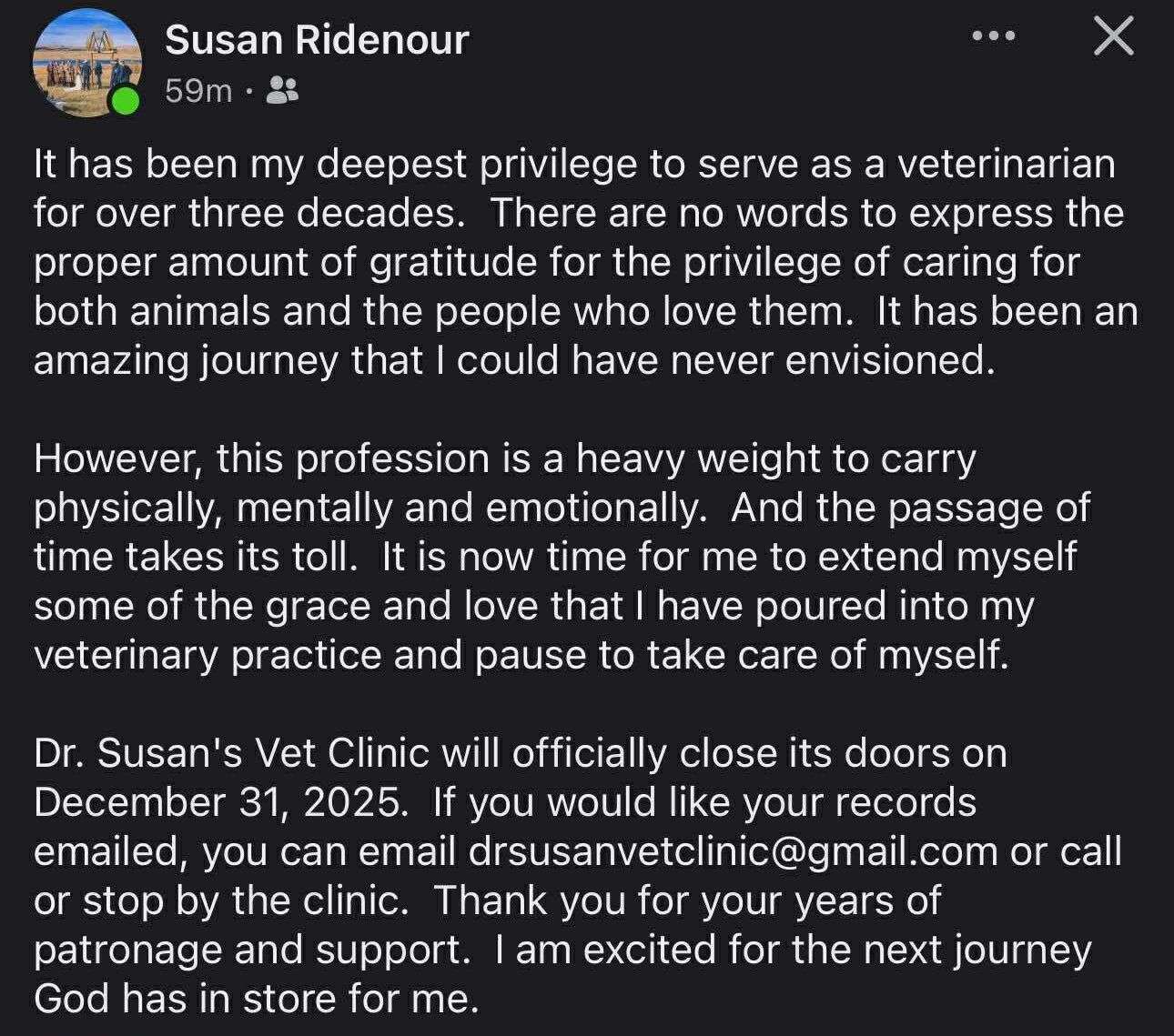 Public announcement of closure made on Facebook by Dr. Susan's Vet Clinic owner.