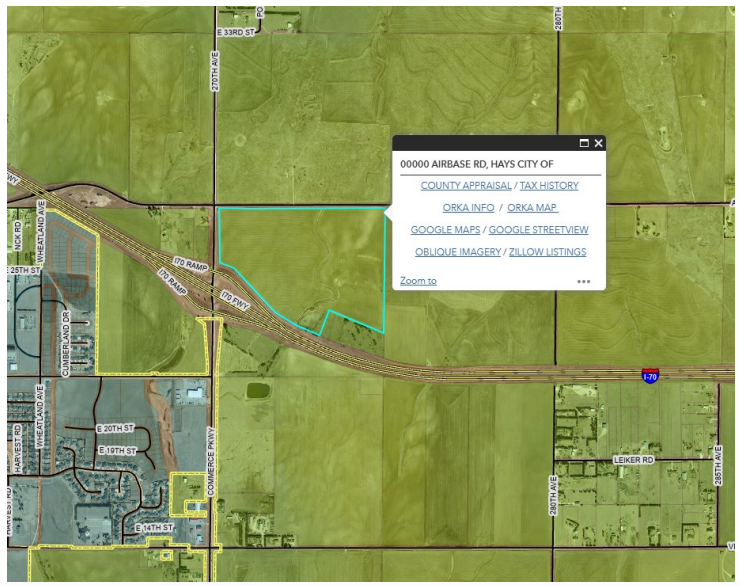 Location of infrastructure to be developed on Hays-owned property northeast of&nbsp; Interstate 70 Exit 161. City of Hays image