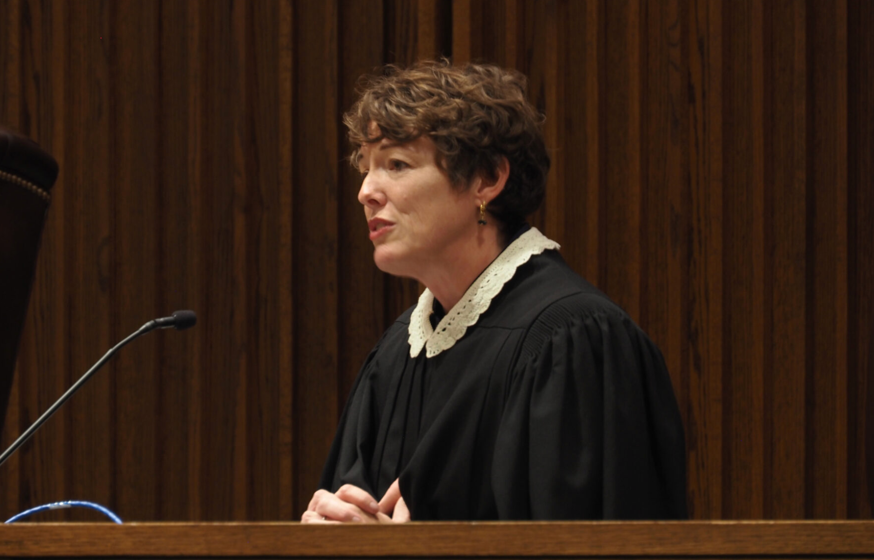  Justice Larkin Walsh speaks after her official swearing-in on Nov. 21, 2025, Topeka, becoming the Kansas Supreme Court’s newest addition. (Photo by Anna Kaminski/Kansas Reflector)