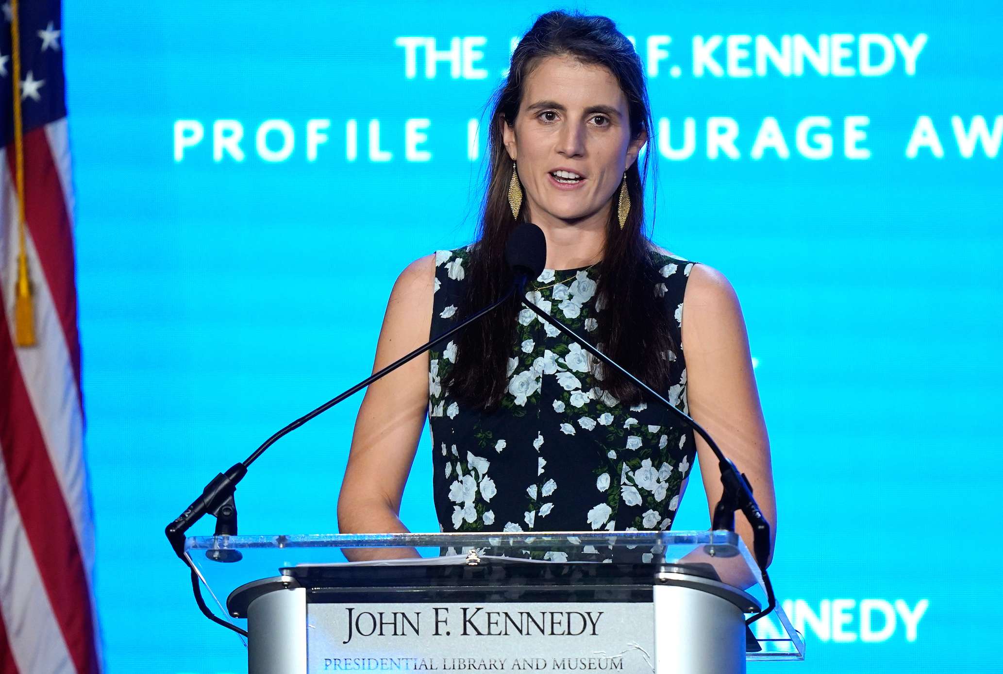 FILE - Tatiana Schlossberg, the daughter of Caroline Kennedy and Edwin Schlossberg, addresses an audience during the John F. Kennedy Profile in Courage Award ceremony, at the John F. Kennedy Presidential Library and Museum in Boston, Oct. 29, 2023. (AP Photo/Steven Senne, File)