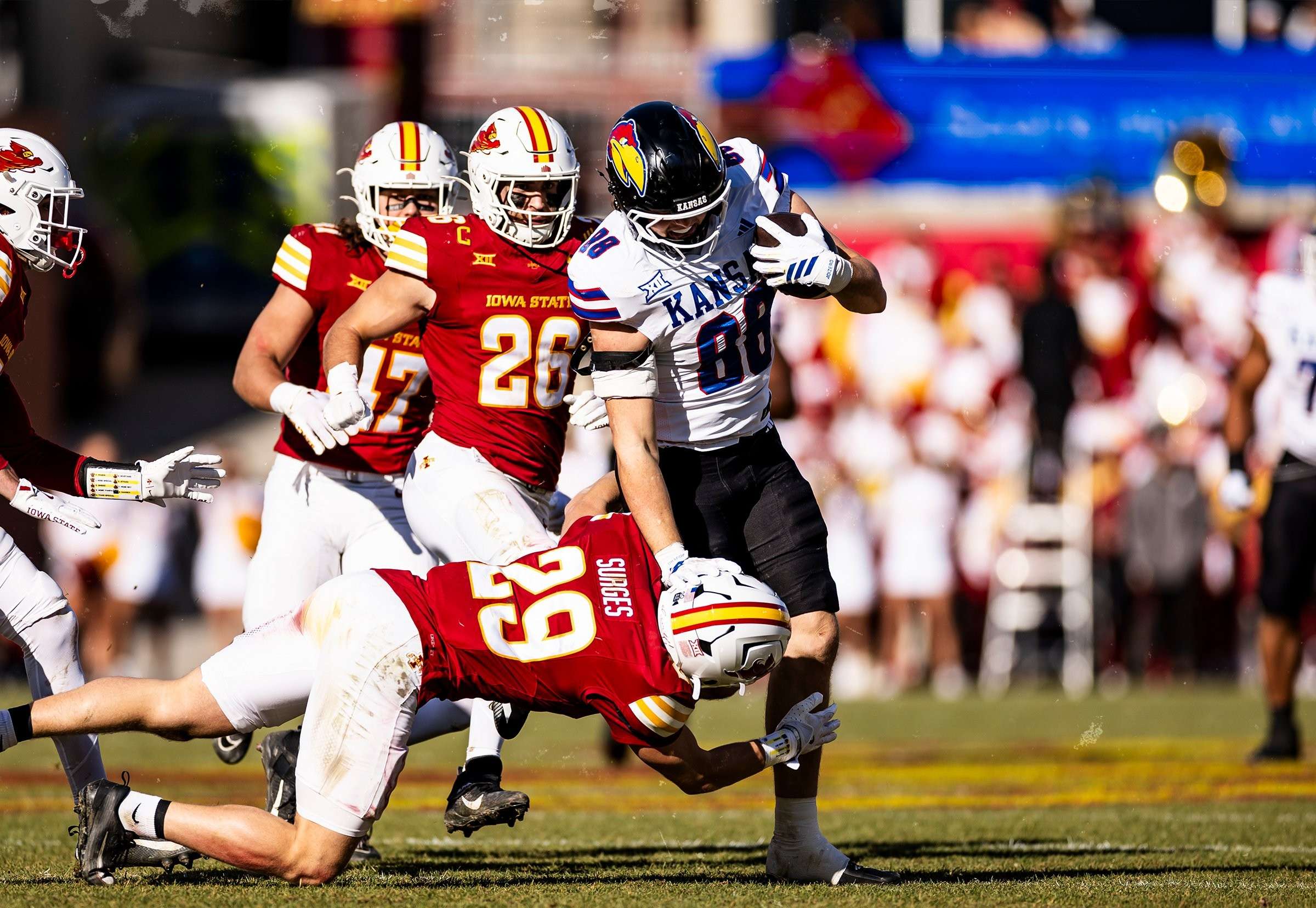 Boden Groen had five catches for 76 yards and a score as Kansas fell to Iowa State 38-14 on the road Saturday/ Photo courtesy of KU Football on X