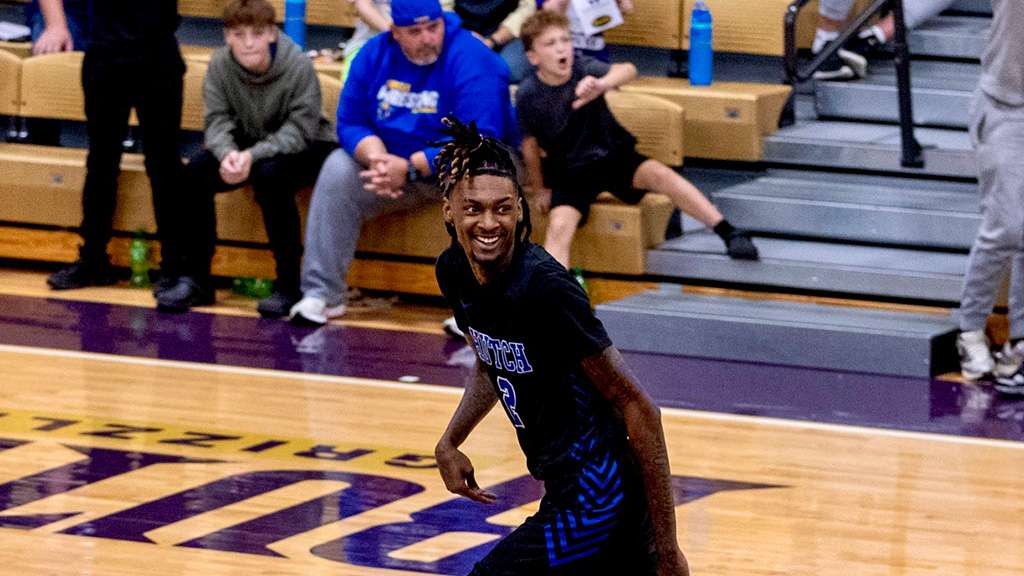 Bobby Cannon smiles after hitting a go-ahead 3-pointer with 1.3 seconds remaining in regulation to lift the Blue Dragons to a 83-82 KJCCC win at Butler on Saturday in El Dorado. (Sydney Holzrichter/Blue Dragon Sports Information)