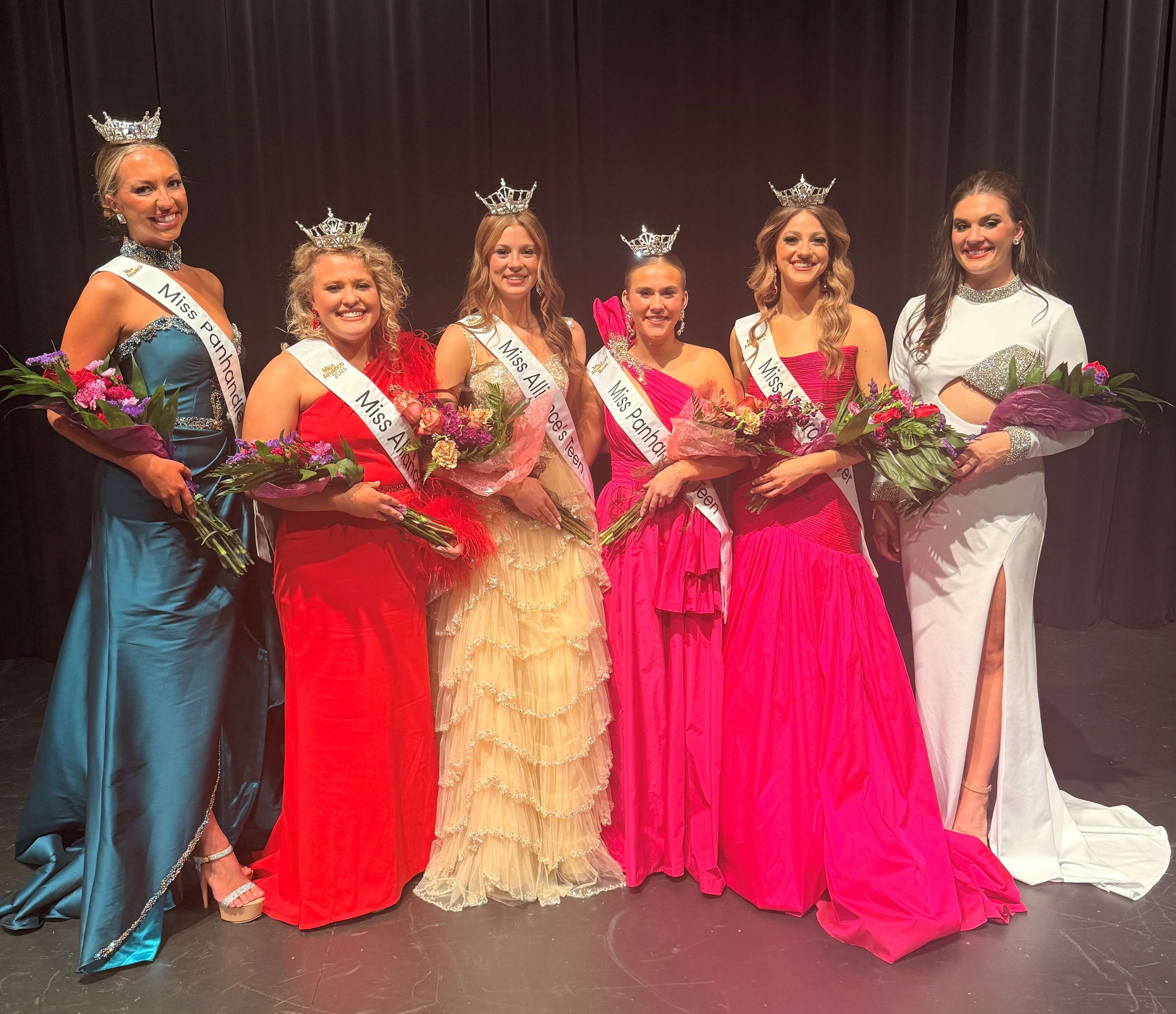 (L-R) Addilyn Wilson, Miss Panhandle 2026; Olivia Vanderford, Miss Alliance 2026; Halle Knutson, Miss Alliance’s Teen 2026; Paige Dodson, Miss Panhandle’s Teen 2026; Ally Parker, Miss Niobrara River 2026; Olivia Terwey, Miss Alliance 1st Runner Up. (Courtesy Miss Alliance Pageant)