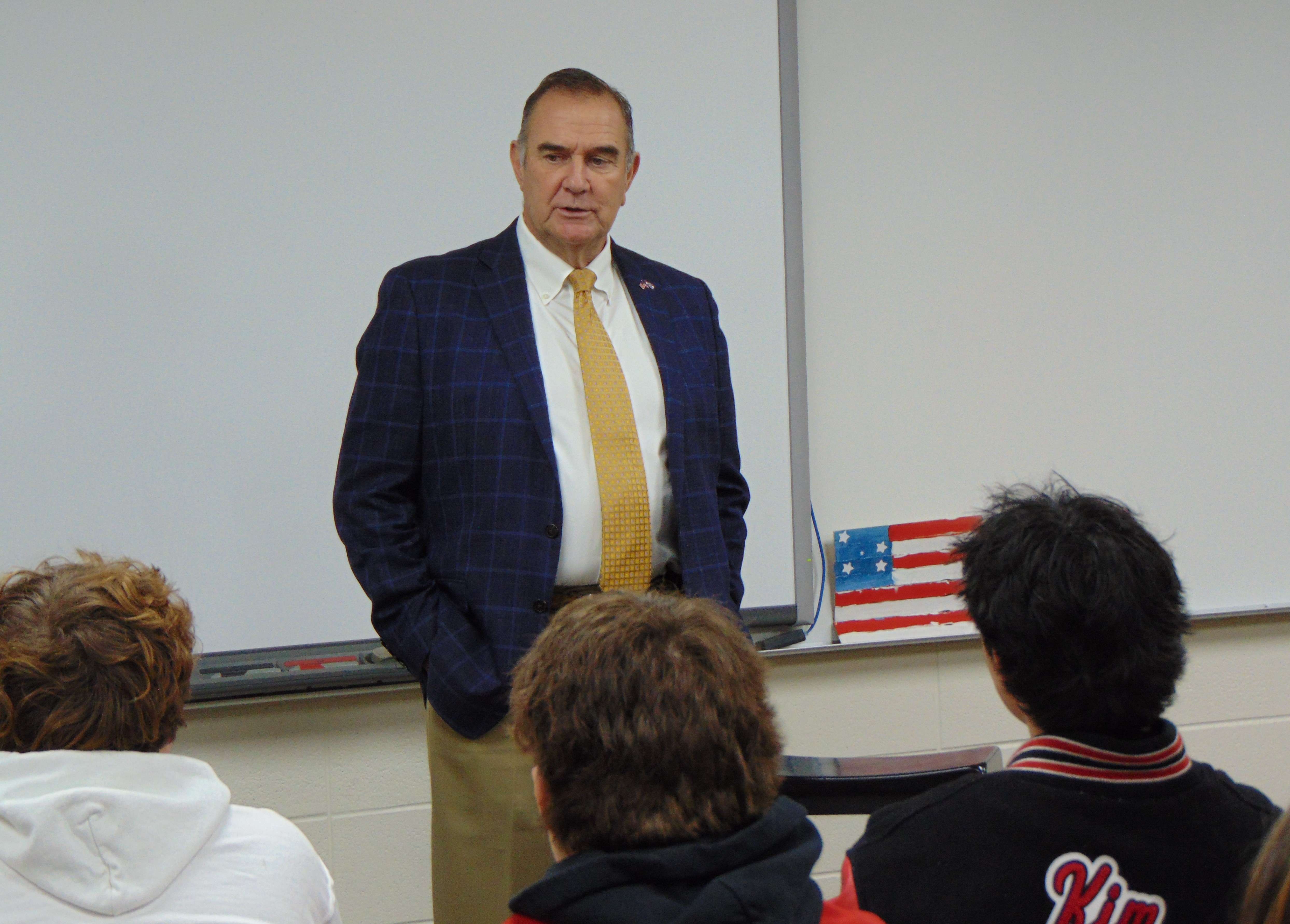 Gov. Mike Kehoe speaks to a class of seniors at St. Joseph Christian/Photo by Brent Martin