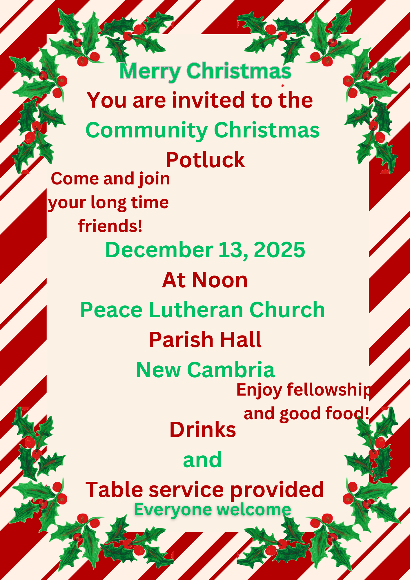 Peace Lutheran Church (212 1st St.) in New Cambria will be hosting their annual community Christmas potluck inside the Parish Hall on&nbsp;<b>Saturday, December 13&nbsp;</b>at&nbsp;<b>12:00 pm</b>. Courtesy image