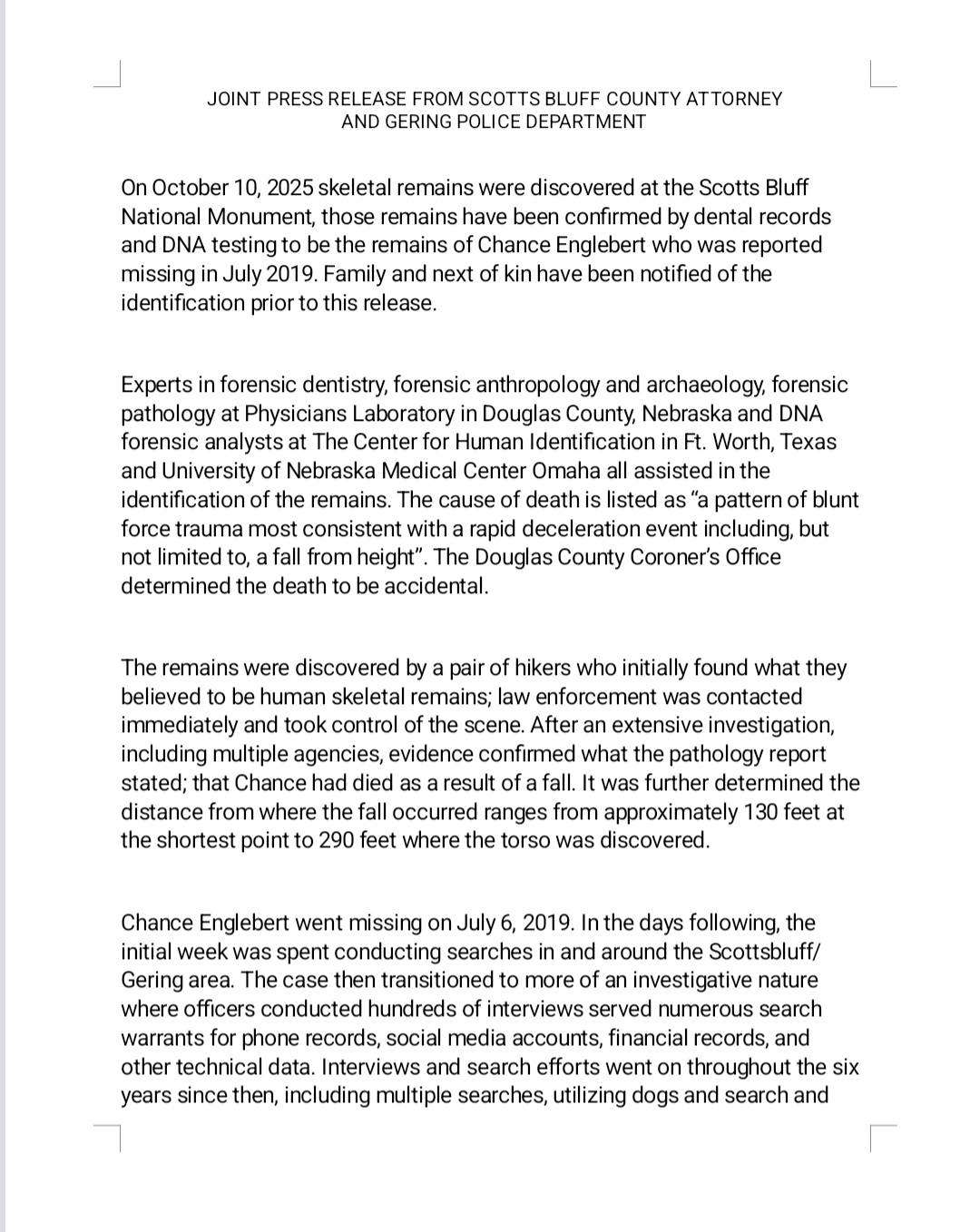 Page 1 of Chance Englebert Press Release