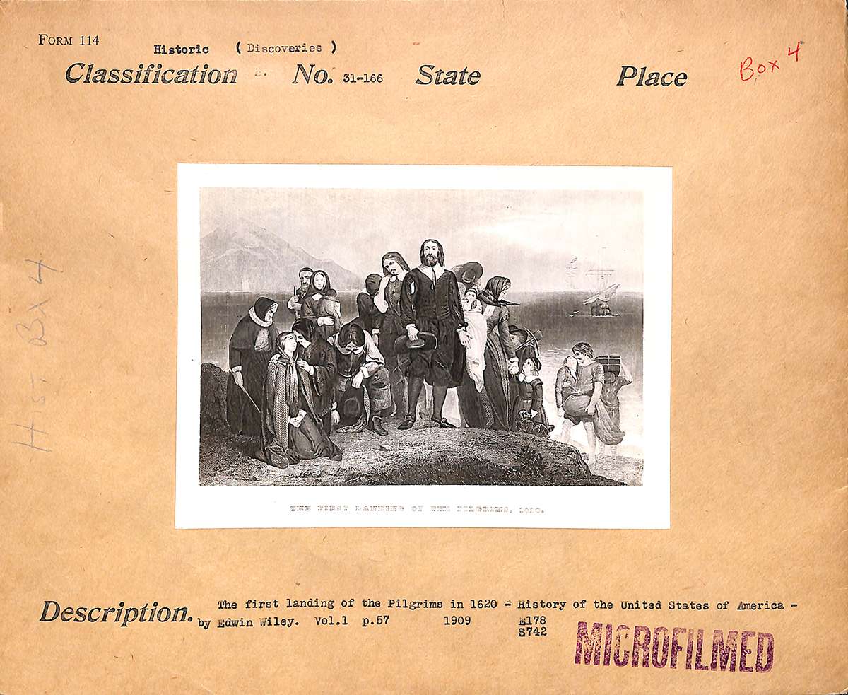 Engraving, “The first landing of the Pilgrims in 1620” from History of the United States of America by Edwin Wiley, 1909. National Archives, Records of the Bureau of Public Roads View in National Archives Catalog