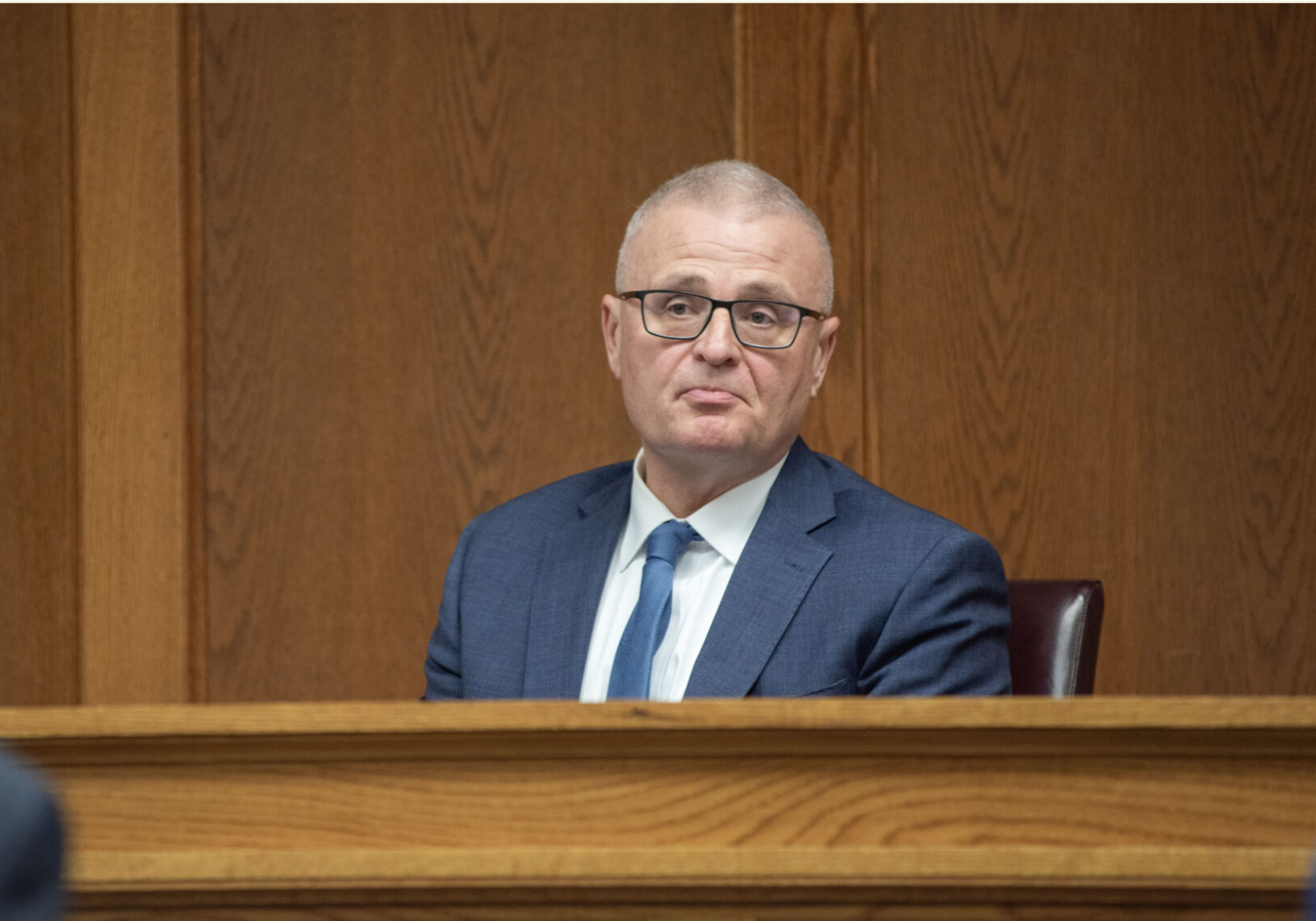 Director of Programs for the Missouri State Treasurer’s Office Trent Blair answers questions about the MOScholars program during a trial challenging the constitutionality of Missouri’s funding of school vouchers Monday in the Cole County Courthouse (Annelise Hanshaw/Missouri Independent).