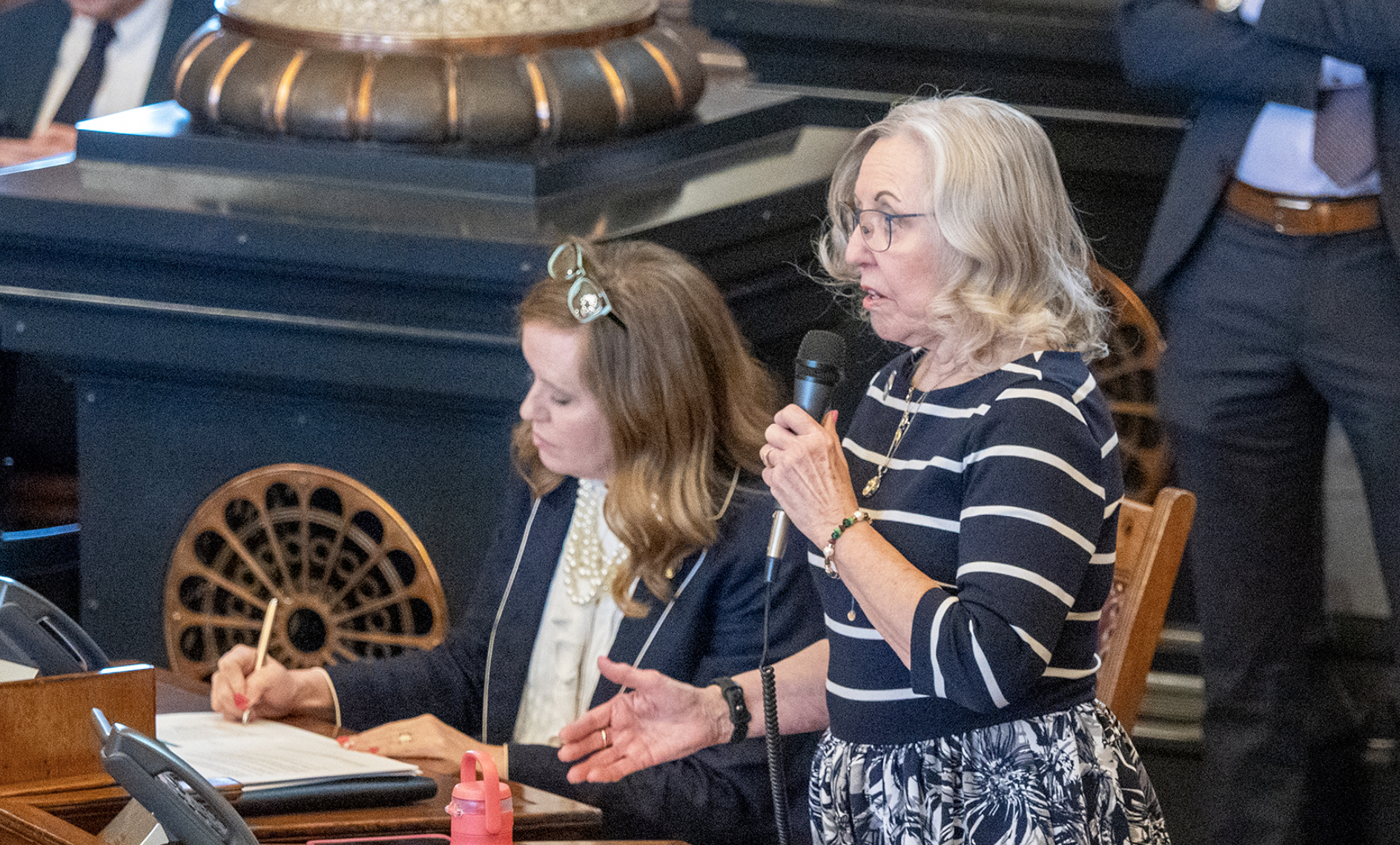 Kansas Sen. Pat Pettey, a Democrat from Kansas City, Kansas, questions the process of selecting a company to implement a $10 million gun-detection program in public schools. The initiative began as a 2024 request by a Pennsylvania technology company for an exclusive service contract in Kansas. In this image from April 10, 2025, Pettey offers remarks in the Kansas Senate. (Photo by Sherman Smith/Kansas Reflector)