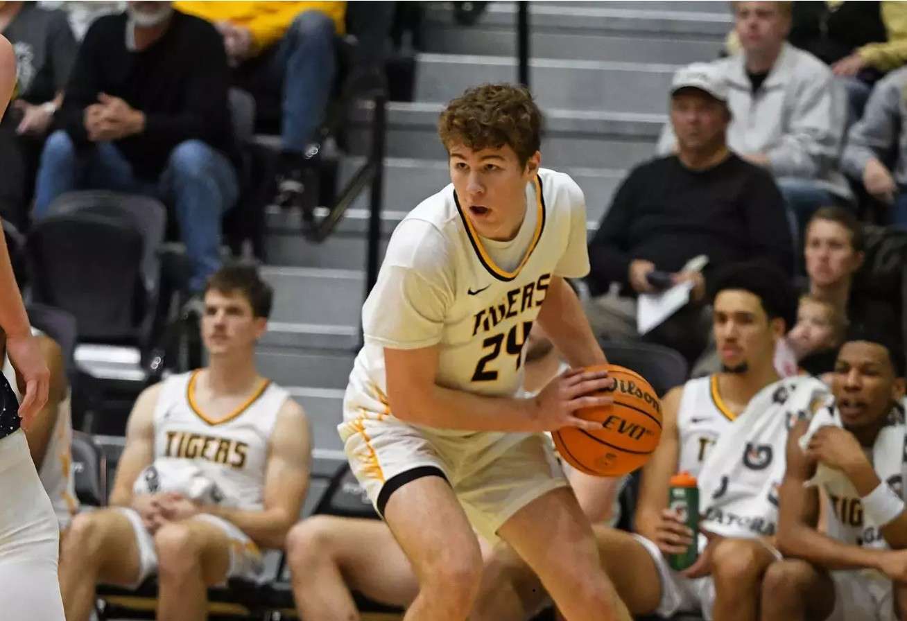 Fort Hays State Tory Homan (24) looks to make a move in the second half against Manhattan Christian College on Saturday, November 29, 2025 in Hays, Kan. (FHSU Athletics photo/Nicole Hietmann)