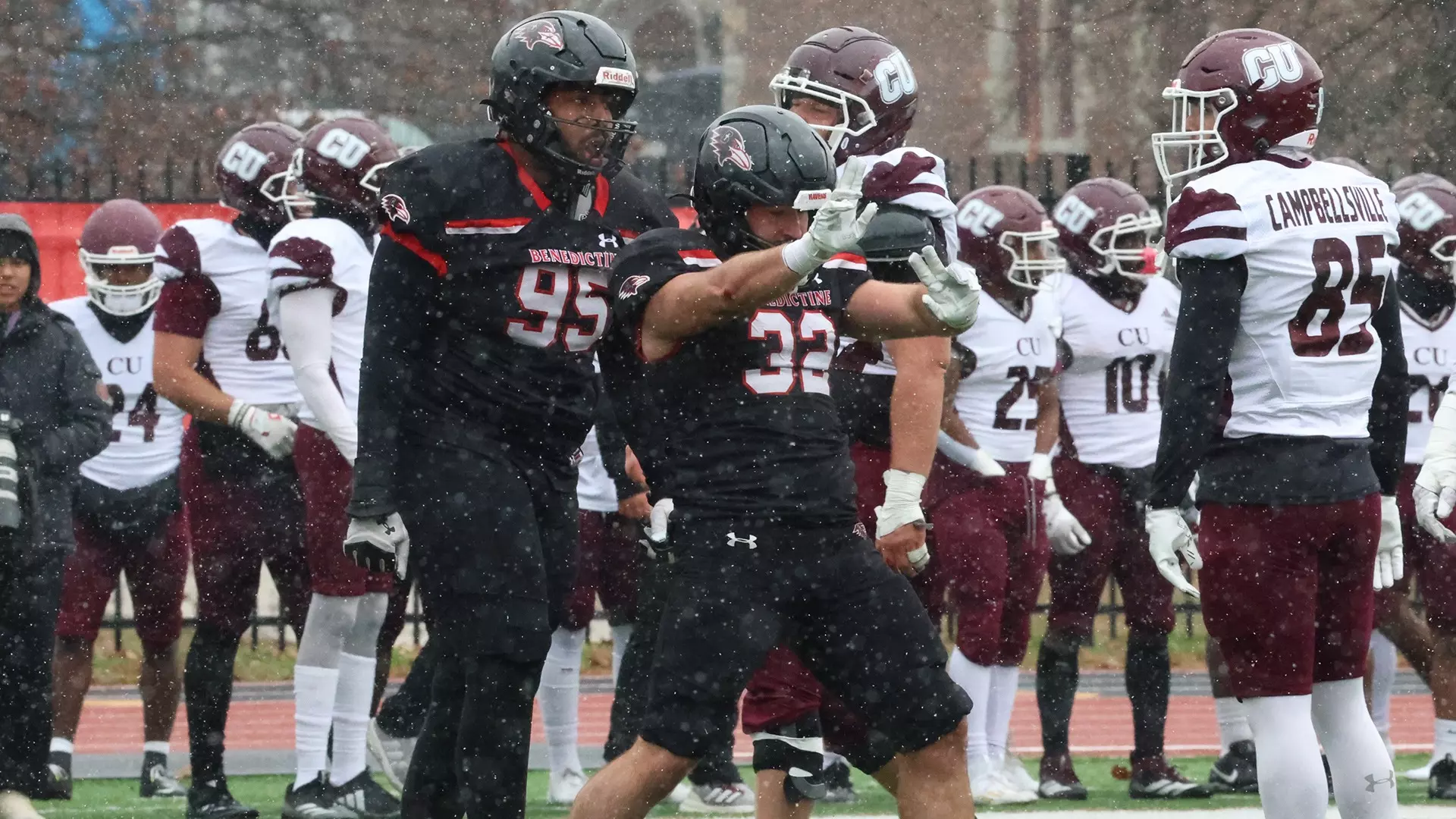 Dalton Witherspoon (33) rushed for 110 yards and two touchdowns as Benedictine scored 14 unanswered points in the second half in a 21-17 comeback win over Campbellsville/ Photo courtesy of Anna Zacharias- Benedictine Athletics