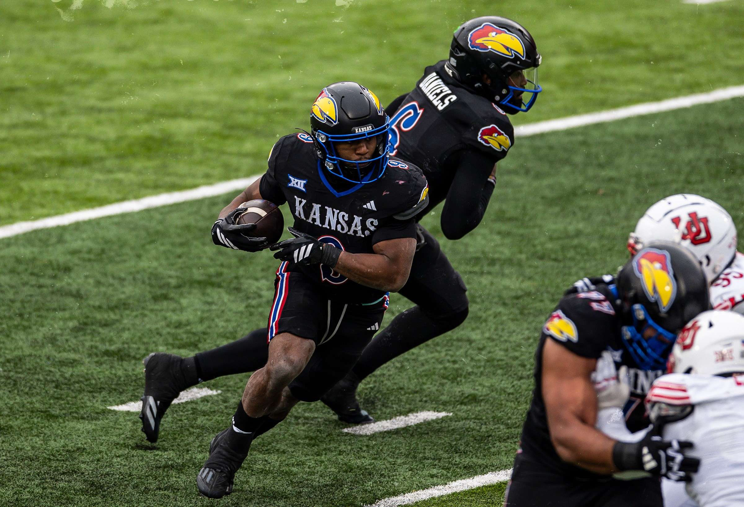 Daniel Hishaw Jr. ran for 107 yards and a touchdown as the Jayhawks season came to an end in a 31-21 loss to #13 Utah/ Photo courtesy of Kansas Football on X
