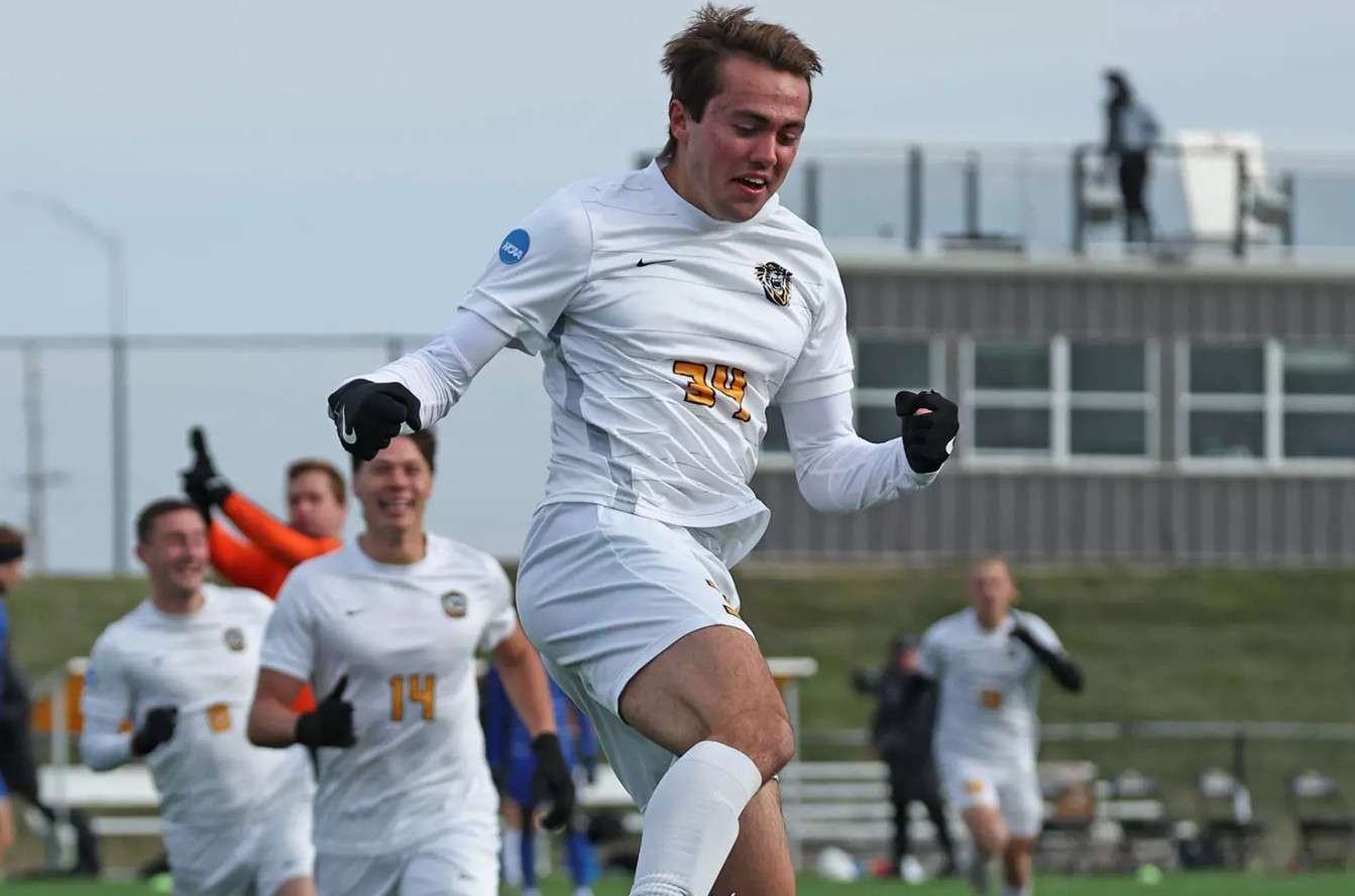 Fort Hays State forward Marcus Dalseide (34) celebrates after scoring his first goal of the season against Rockhurst in the NCAA Tournament on Sunday, November 30, 2025 in Hays, Kan. (FHSU Athletics photo/Parker Nisbeth)