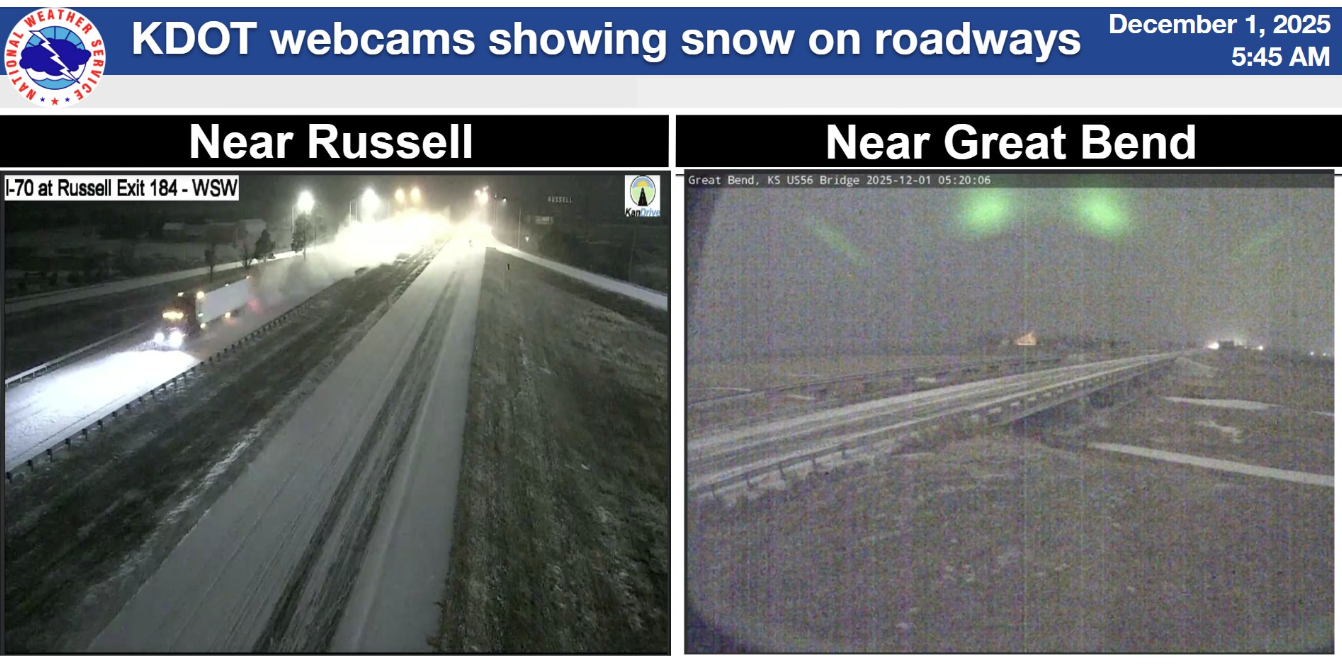 KDOT webcams showing accumulated snow on roadways at Russell and Great Bend in central Kansas early this morning. This will create hazardous travel conditions during the morning commute. Courtesy of US National Weather Service