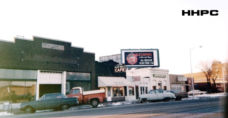 Blue Grill Cafe &amp; Ed Beach Electric  - 319 S. Main &amp;  313 S. Main -  c. 1970. Courtesy of the Conard-Harmon Collection.