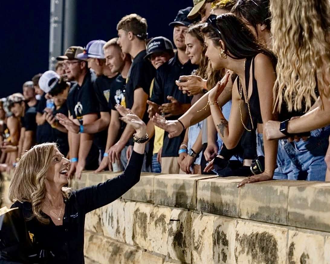 Fort Hays State University President Tisa Mason greeting students at the 2025 Homecoming football game at Lewis Field Stadium. Courtesy photo