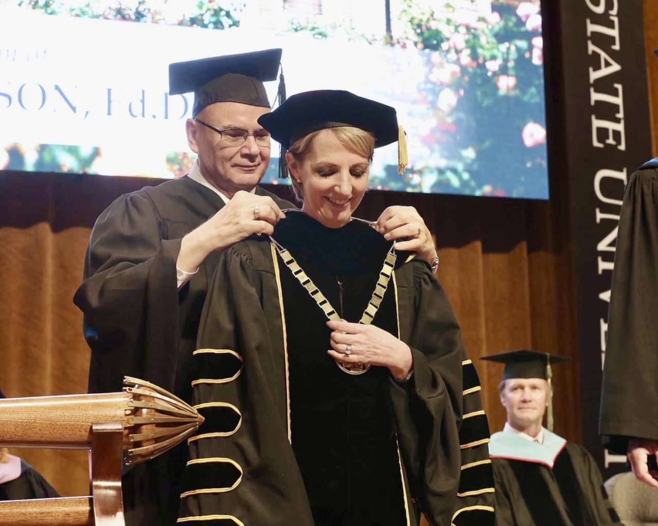 Fort Hays State University President Tisa Mason receving the inaugural medallion at Gross Memorial Coliseum. Courtesy photo